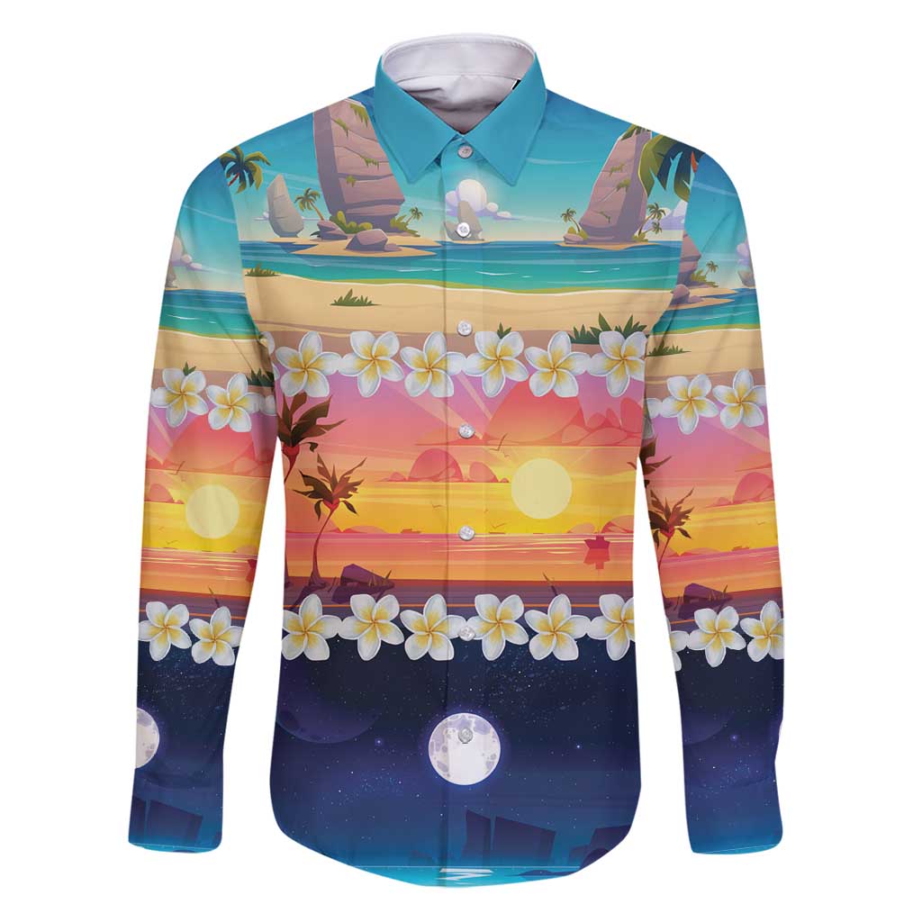 Hawaii Beach Landscape Time-Lapse Family Matching Puletasi and Hawaiian Shirt Tropical Plumeria Flowers - Wonder Print Shop
