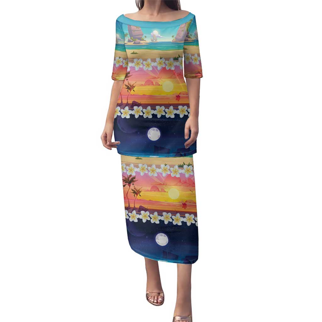 Hawaii Beach Landscape Time-Lapse Family Matching Puletasi and Hawaiian Shirt Tropical Plumeria Flowers - Wonder Print Shop