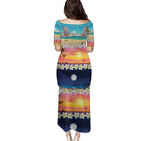 Hawaii Beach Landscape Time-Lapse Family Matching Puletasi and Hawaiian Shirt Tropical Plumeria Flowers - Wonder Print Shop