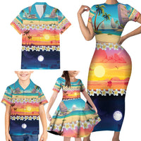 Hawaii Beach Landscape Time-Lapse Family Matching Short Sleeve Bodycon Dress and Hawaiian Shirt Tropical Plumeria Flowers - Wonder Print Shop
