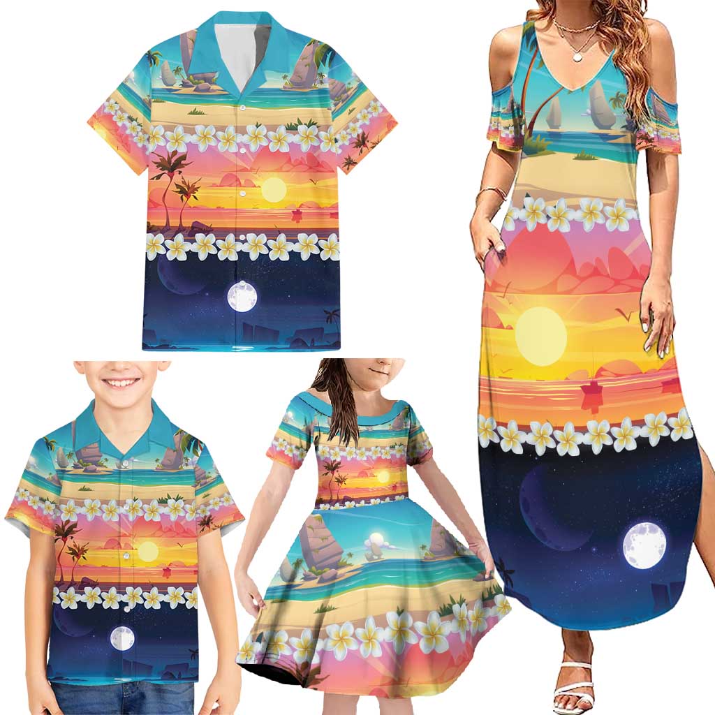 Hawaii Beach Landscape Time-Lapse Family Matching Summer Maxi Dress and Hawaiian Shirt Tropical Plumeria Flowers - Wonder Print Shop