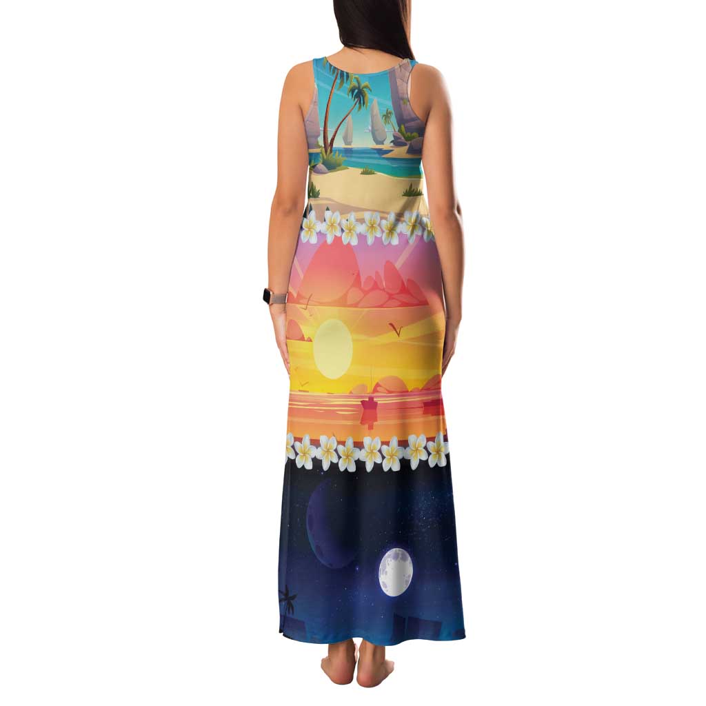 Hawaii Beach Landscape Time-Lapse Family Matching Tank Maxi Dress and Hawaiian Shirt Tropical Plumeria Flowers - Wonder Print Shop