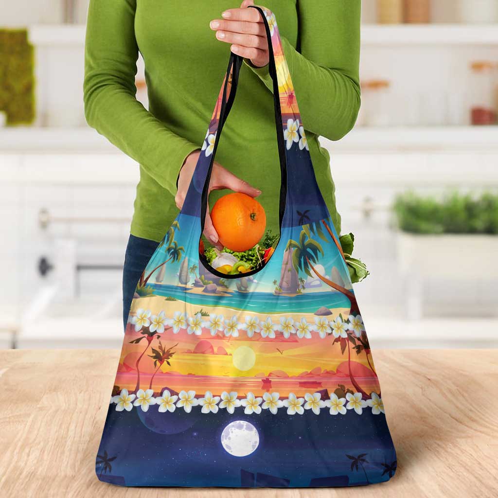 Hawaii Beach Landscape Time-Lapse Grocery Bag Tropical Plumeria Flowers - Wonder Print Shop