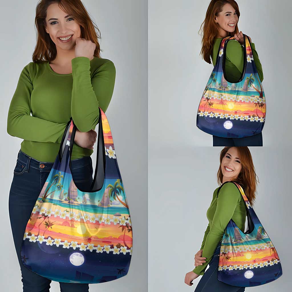 Hawaii Beach Landscape Time-Lapse Grocery Bag Tropical Plumeria Flowers - Wonder Print Shop