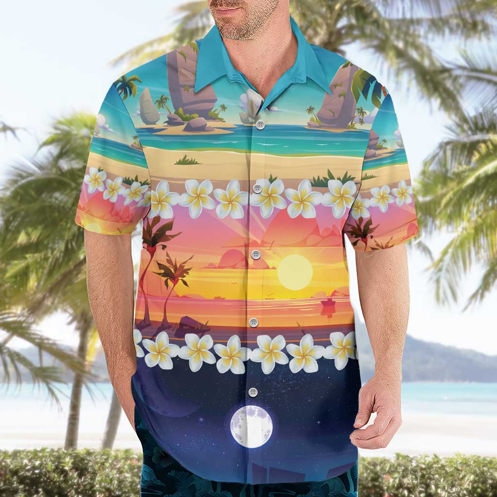 Hawaii Beach Landscape Time-Lapse Hawaiian Shirt Tropical Plumeria Flowers - Wonder Print Shop