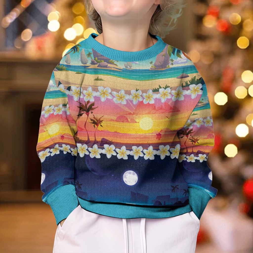 Hawaii Beach Landscape Time-Lapse Kid Ugly Christmas Sweater Tropical Plumeria Flowers - Wonder Print Shop