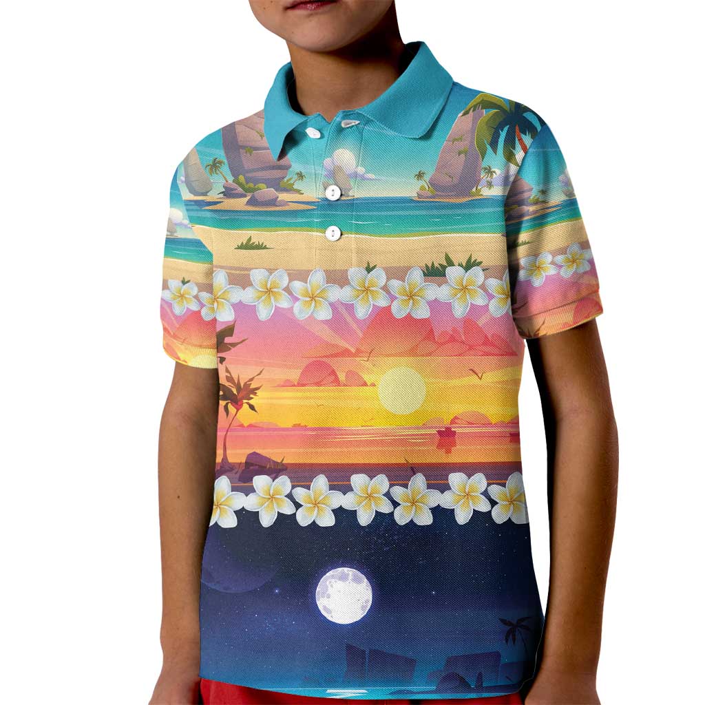 Hawaii Beach Landscape Time-Lapse Kid Polo Shirt Tropical Plumeria Flowers - Wonder Print Shop