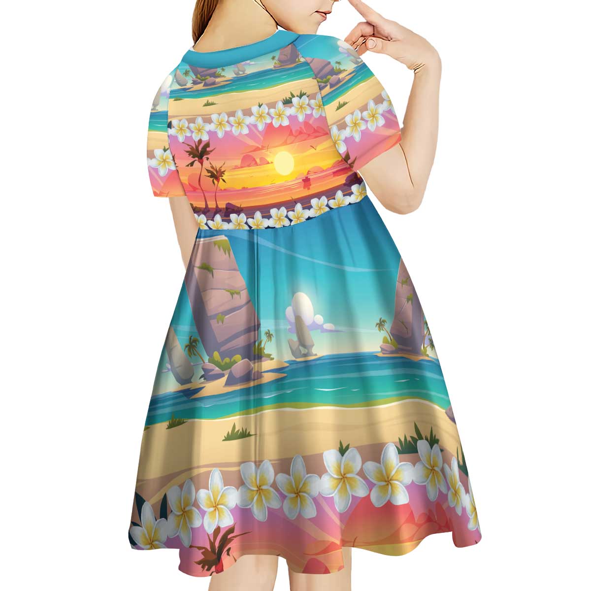 Hawaii Beach Landscape Time-Lapse Kid Short Sleeve Dress Tropical Plumeria Flowers - Wonder Print Shop