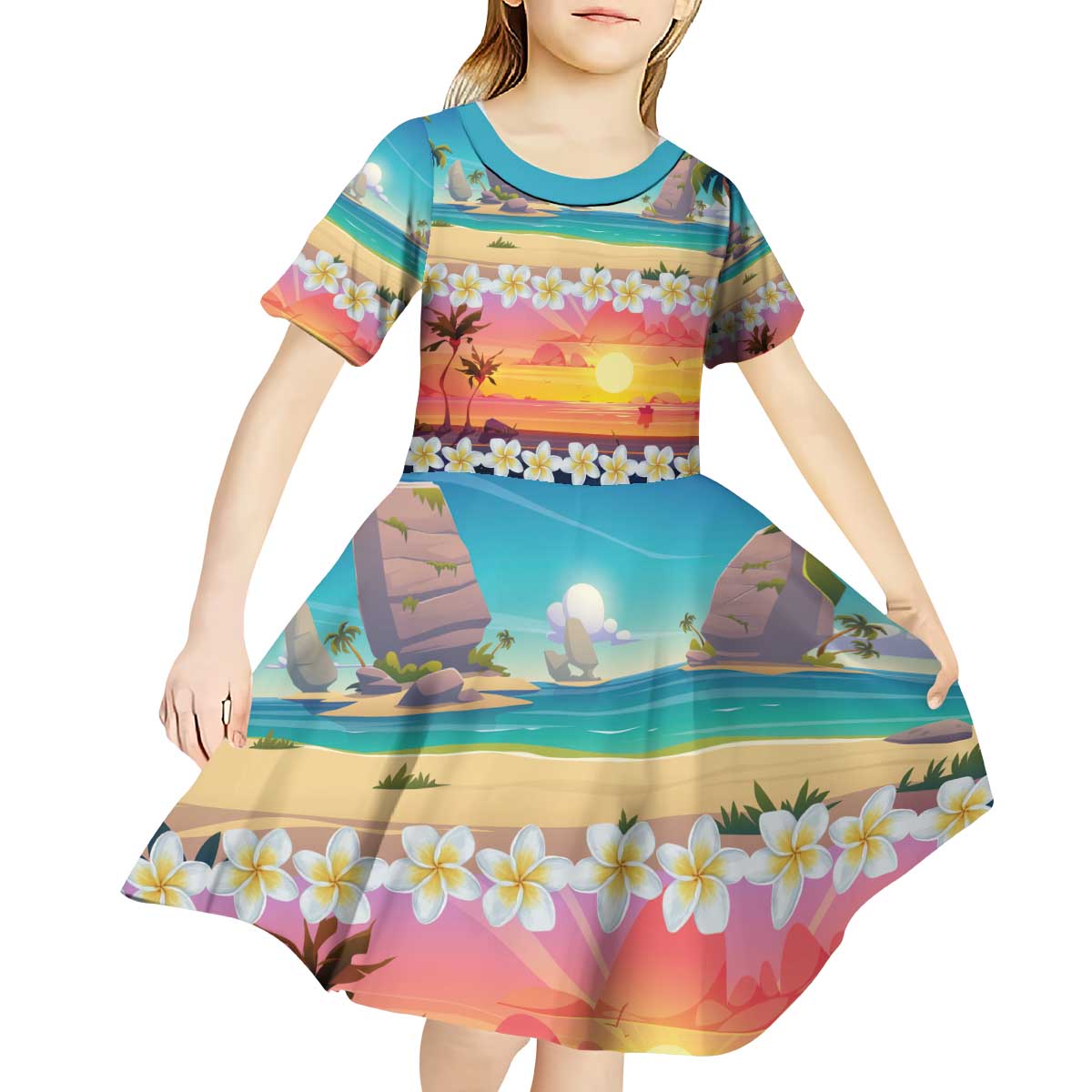 Hawaii Beach Landscape Time-Lapse Kid Short Sleeve Dress Tropical Plumeria Flowers - Wonder Print Shop