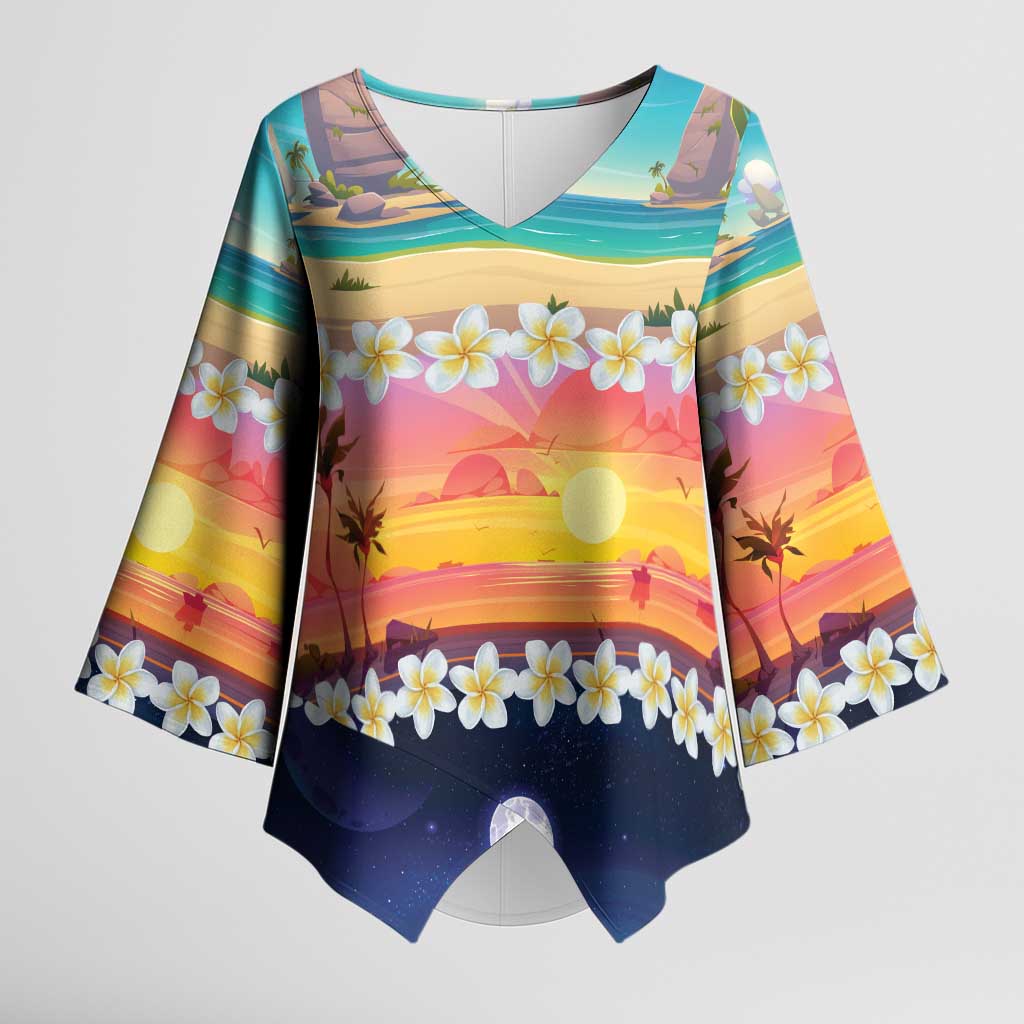 Hawaii Beach Landscape Time-Lapse Kimono Sleeve Blouse Tropical Plumeria Flowers - Wonder Print Shop