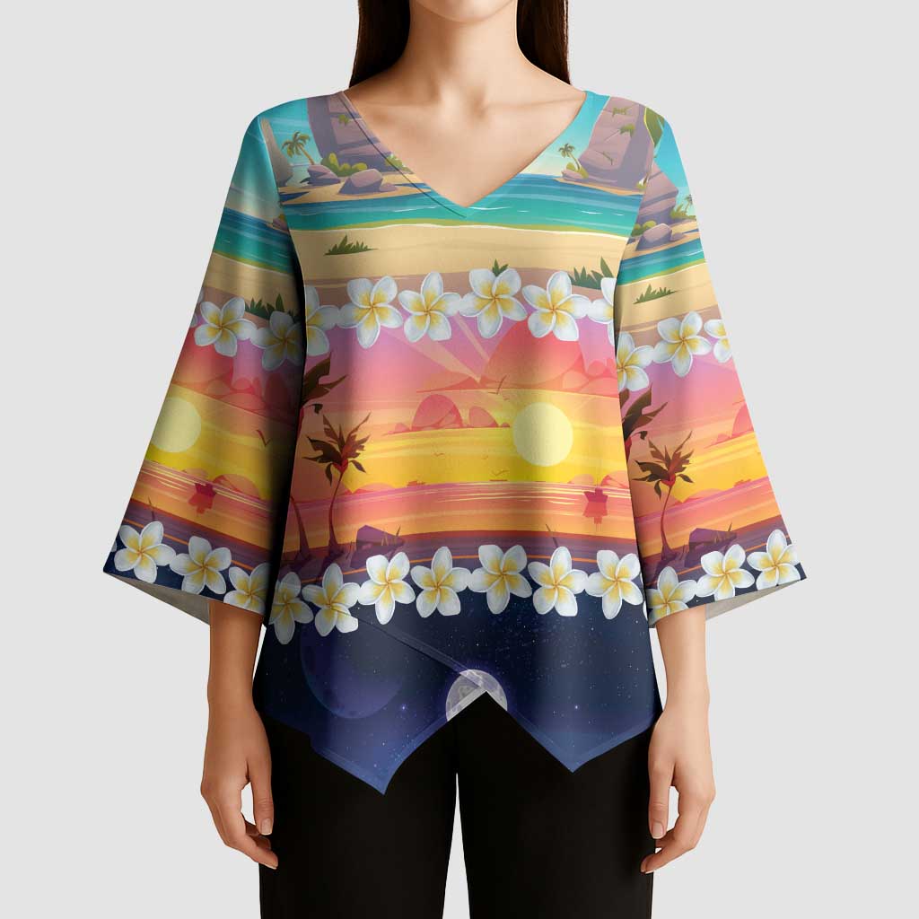 Hawaii Beach Landscape Time-Lapse Kimono Sleeve Blouse Tropical Plumeria Flowers - Wonder Print Shop
