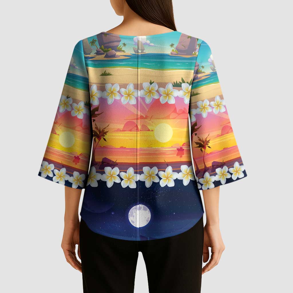 Hawaii Beach Landscape Time-Lapse Kimono Sleeve Blouse Tropical Plumeria Flowers - Wonder Print Shop