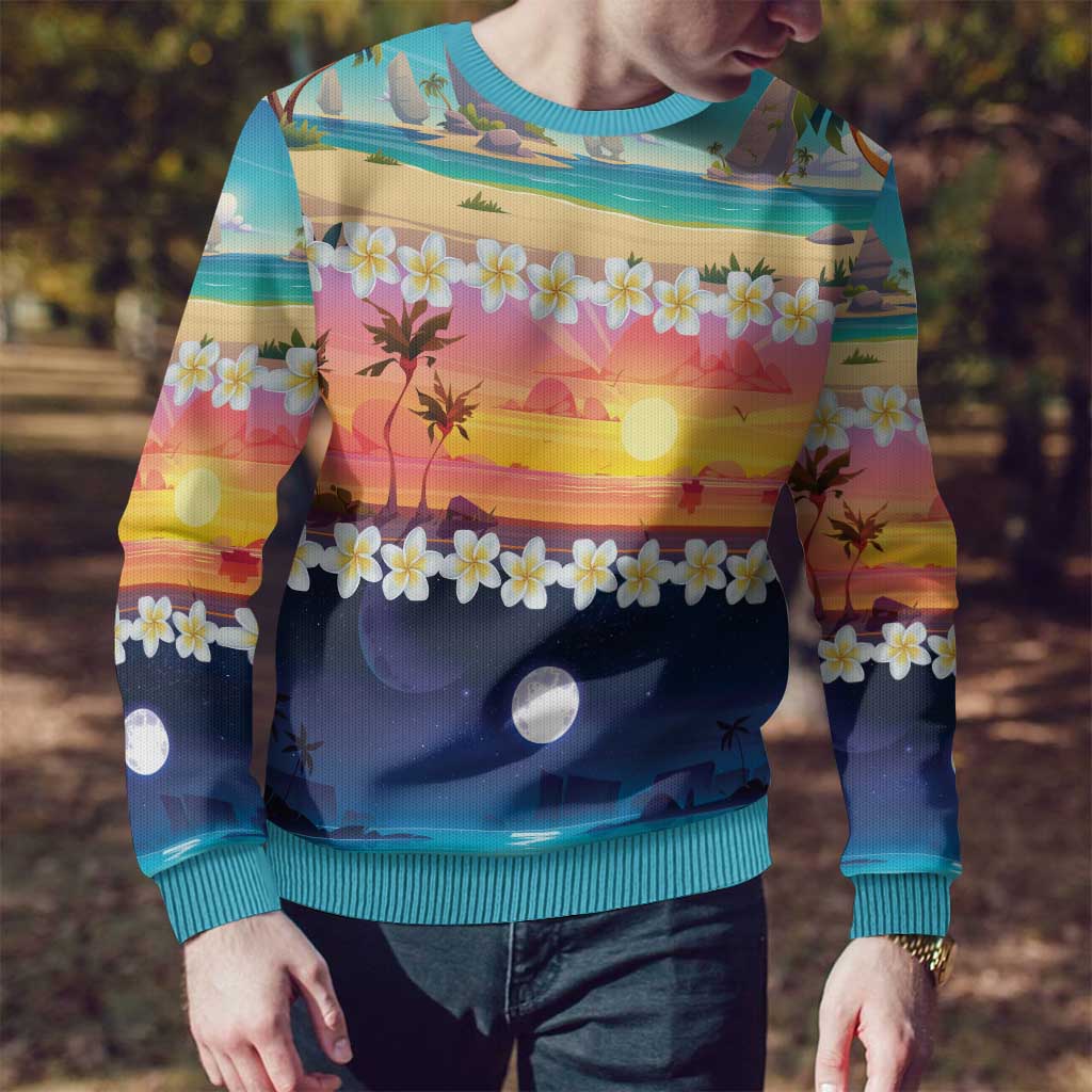 Hawaii Beach Landscape Time-Lapse Ugly Christmas Sweater Tropical Plumeria Flowers - Wonder Print Shop