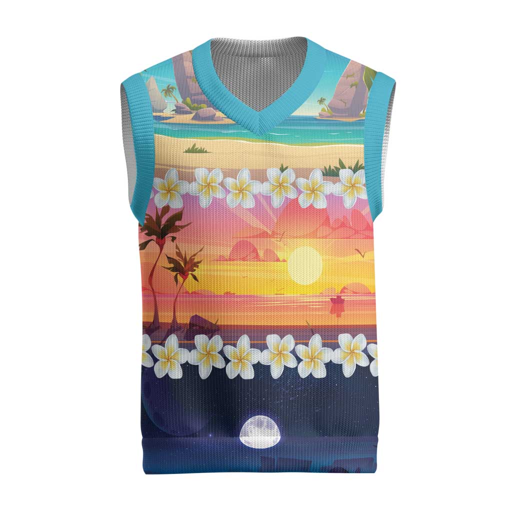 Hawaii Beach Landscape Time-Lapse Christmas Knitted V-Neck Vest Tropical Plumeria Flowers - Wonder Print Shop