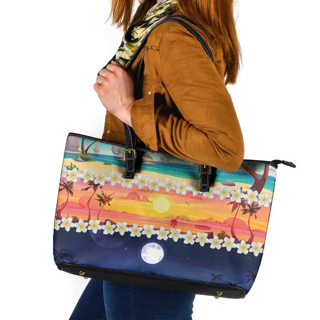 Hawaii Beach Landscape Time-Lapse Leather Tote Bag Tropical Plumeria Flowers - Wonder Print Shop