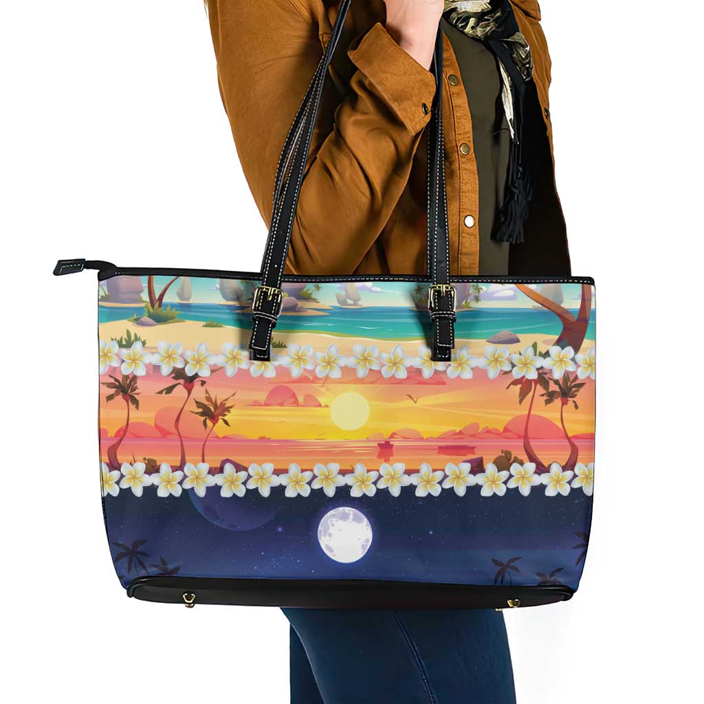 Hawaii Beach Landscape Time-Lapse Leather Tote Bag Tropical Plumeria Flowers - Wonder Print Shop