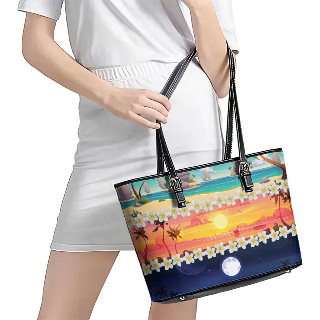Hawaii Beach Landscape Time-Lapse Leather Tote Bag Tropical Plumeria Flowers - Wonder Print Shop
