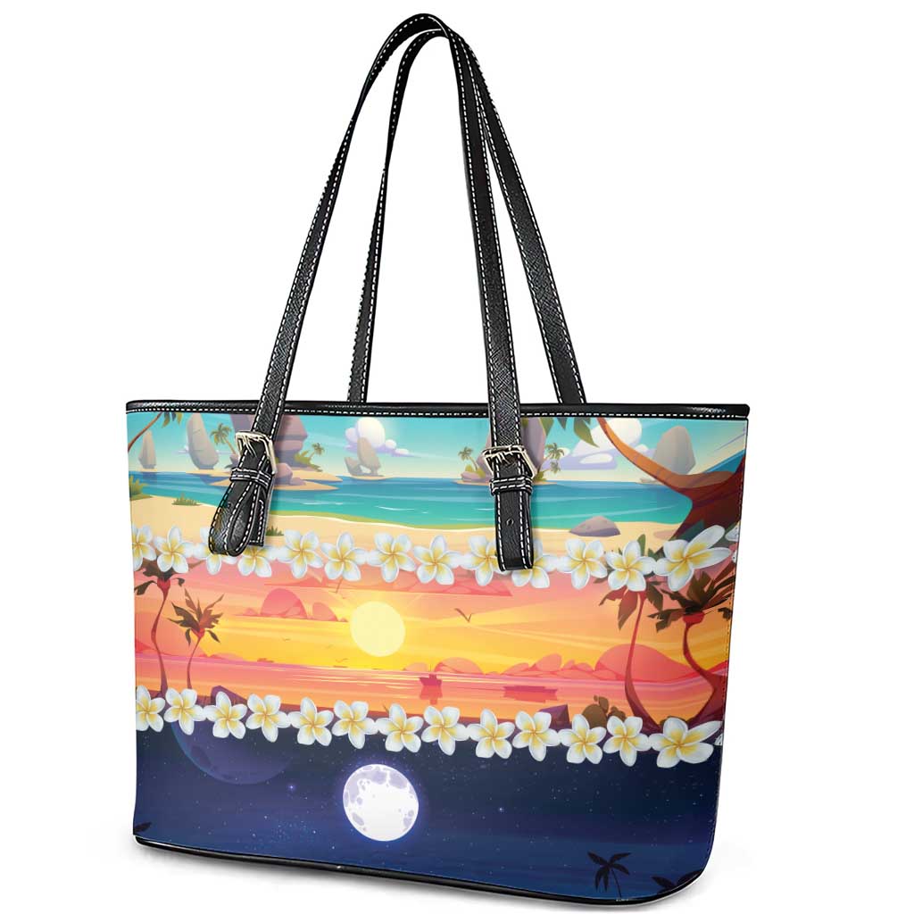Hawaii Beach Landscape Time-Lapse Leather Tote Bag Tropical Plumeria Flowers - Wonder Print Shop