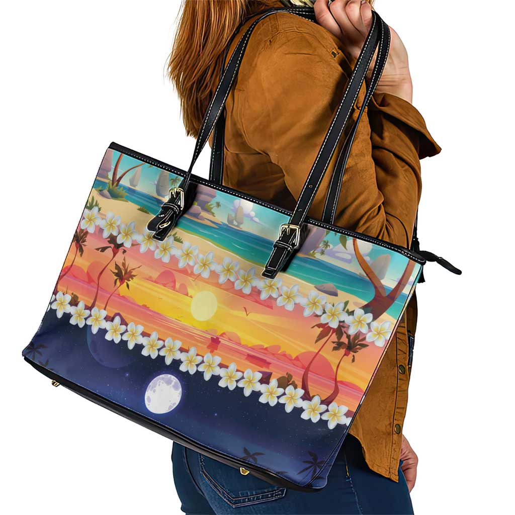 Hawaii Beach Landscape Time-Lapse Leather Tote Bag Tropical Plumeria Flowers - Wonder Print Shop
