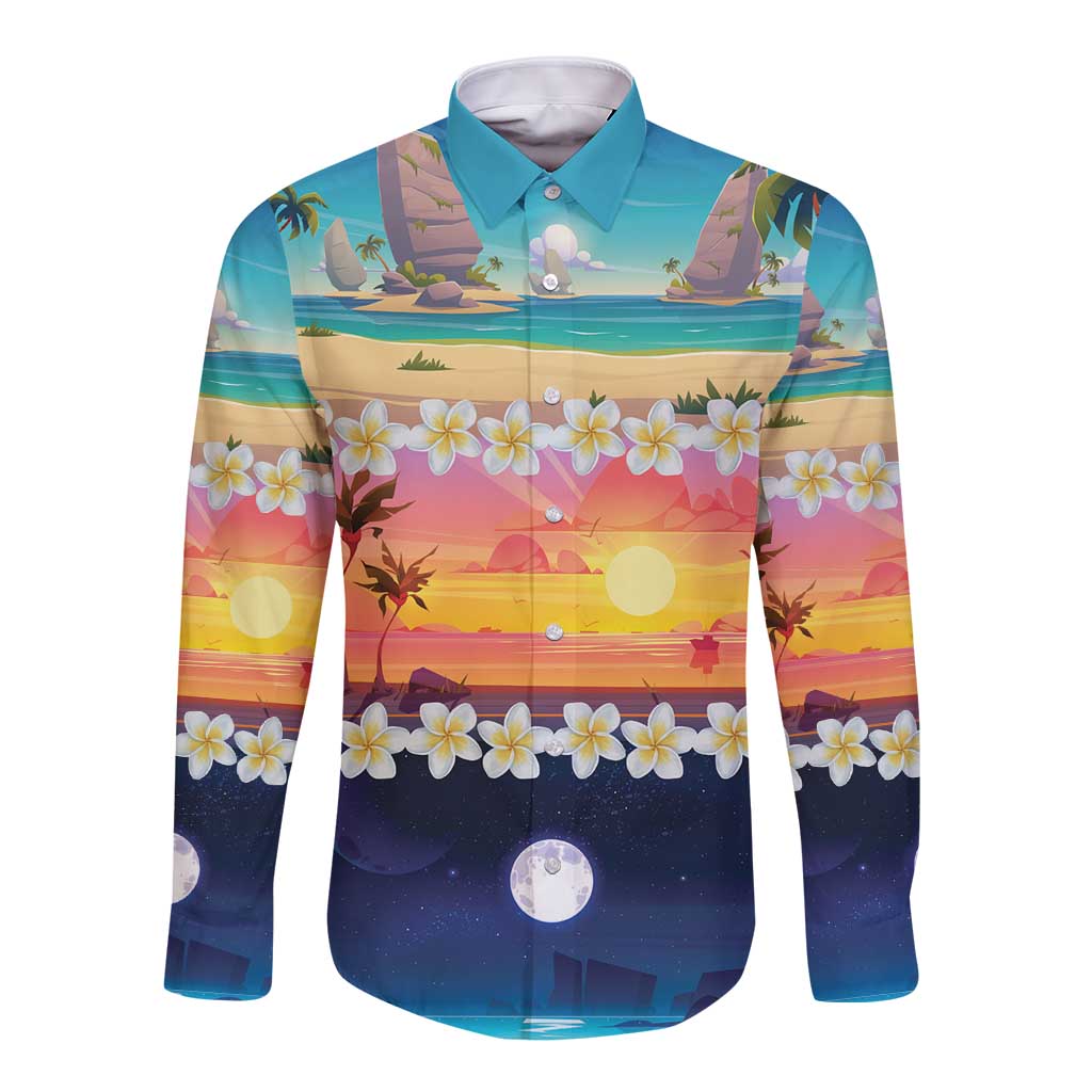 Hawaii Beach Landscape Time-Lapse Long Sleeve Button Shirt Tropical Plumeria Flowers - Wonder Print Shop