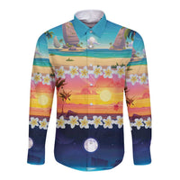 Hawaii Beach Landscape Time-Lapse Long Sleeve Button Shirt Tropical Plumeria Flowers - Wonder Print Shop