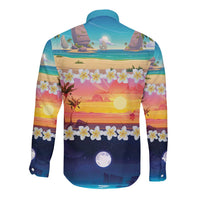 Hawaii Beach Landscape Time-Lapse Long Sleeve Button Shirt Tropical Plumeria Flowers - Wonder Print Shop