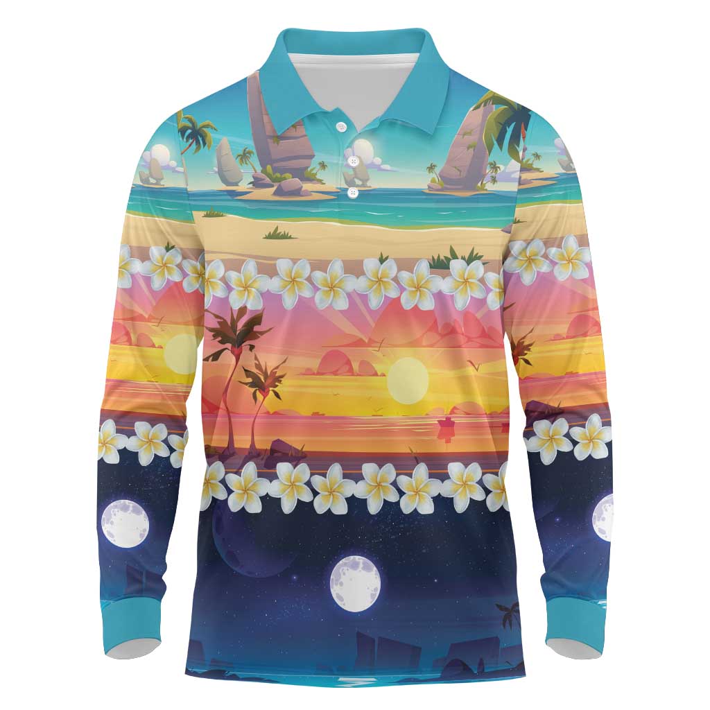 Hawaii Beach Landscape Time-Lapse Long Sleeve Polo Shirt Tropical Plumeria Flowers - Wonder Print Shop