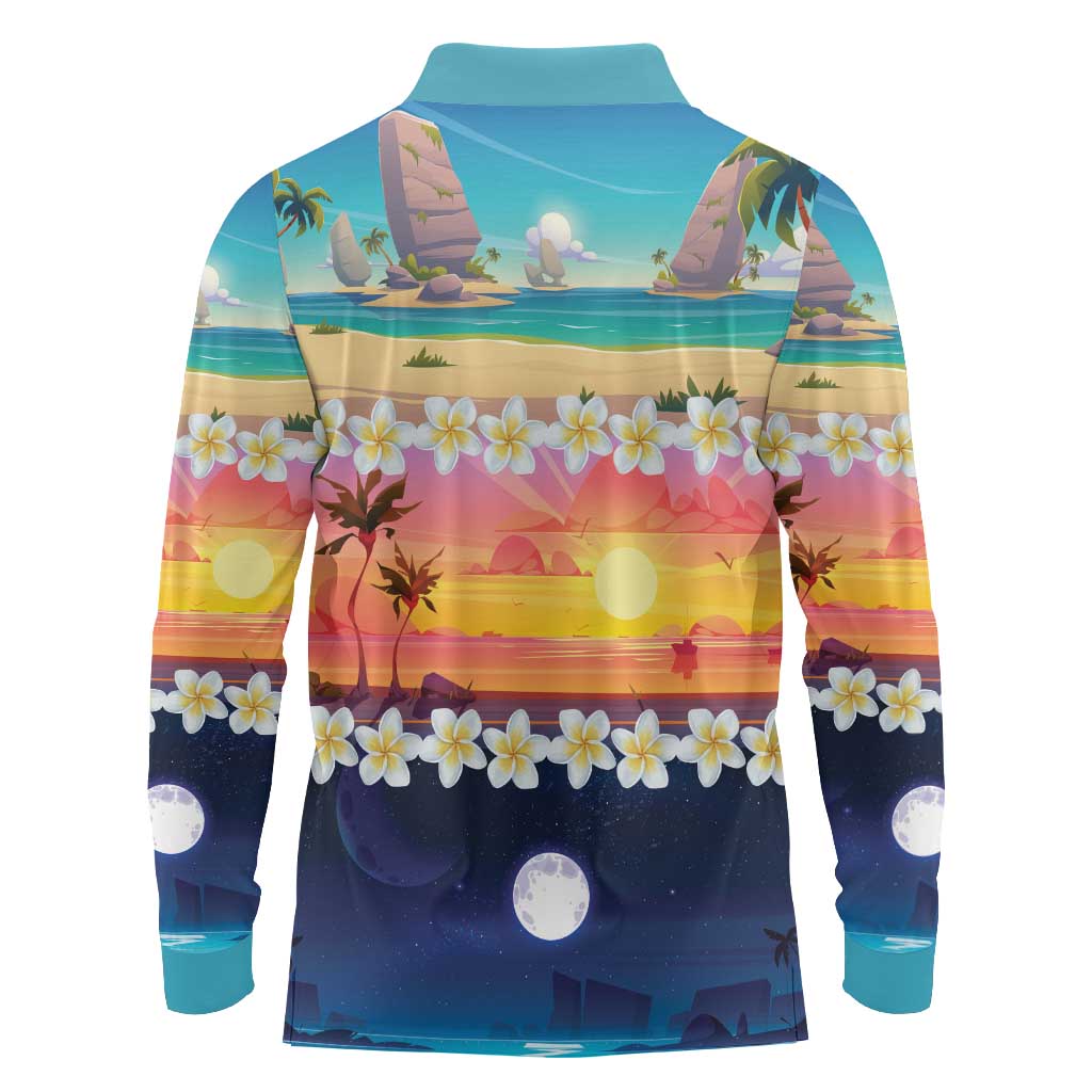 Hawaii Beach Landscape Time-Lapse Long Sleeve Polo Shirt Tropical Plumeria Flowers - Wonder Print Shop