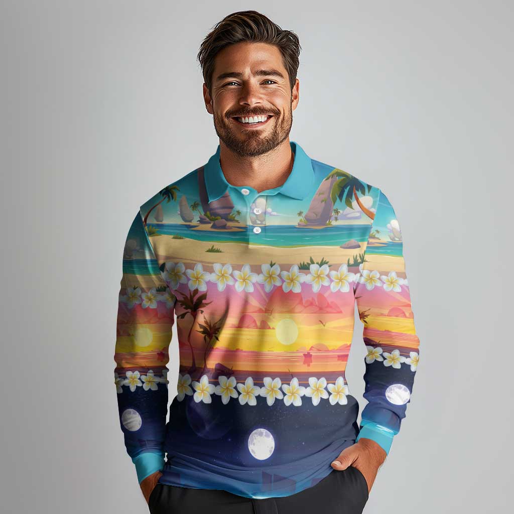 Hawaii Beach Landscape Time-Lapse Long Sleeve Polo Shirt Tropical Plumeria Flowers - Wonder Print Shop
