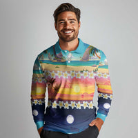 Hawaii Beach Landscape Time-Lapse Long Sleeve Polo Shirt Tropical Plumeria Flowers - Wonder Print Shop