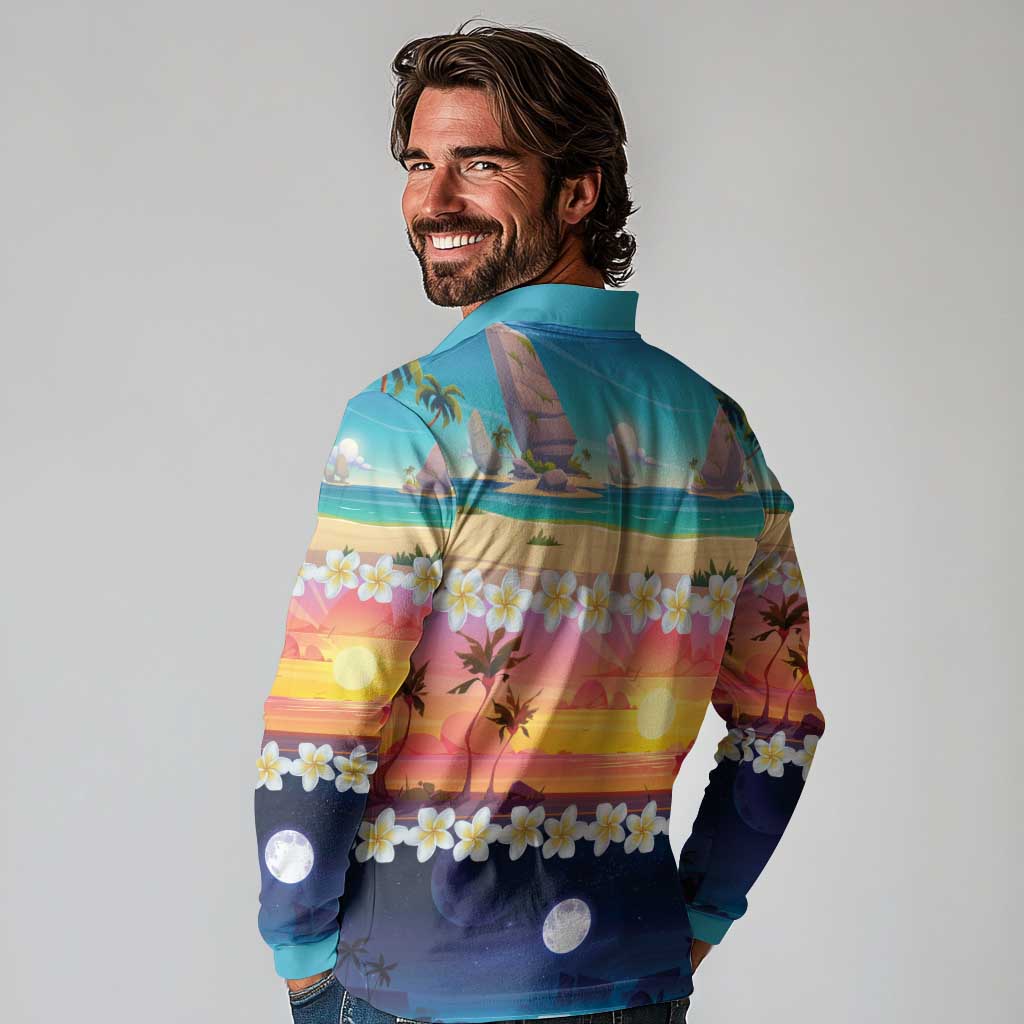 Hawaii Beach Landscape Time-Lapse Long Sleeve Polo Shirt Tropical Plumeria Flowers - Wonder Print Shop
