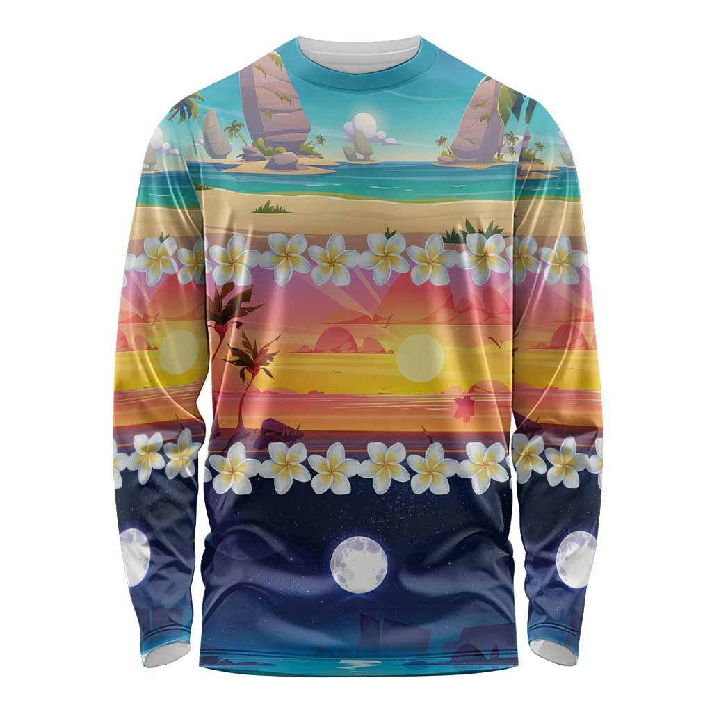 Hawaii Beach Landscape Time-Lapse Long Sleeve Shirt Tropical Plumeria Flowers - Wonder Print Shop