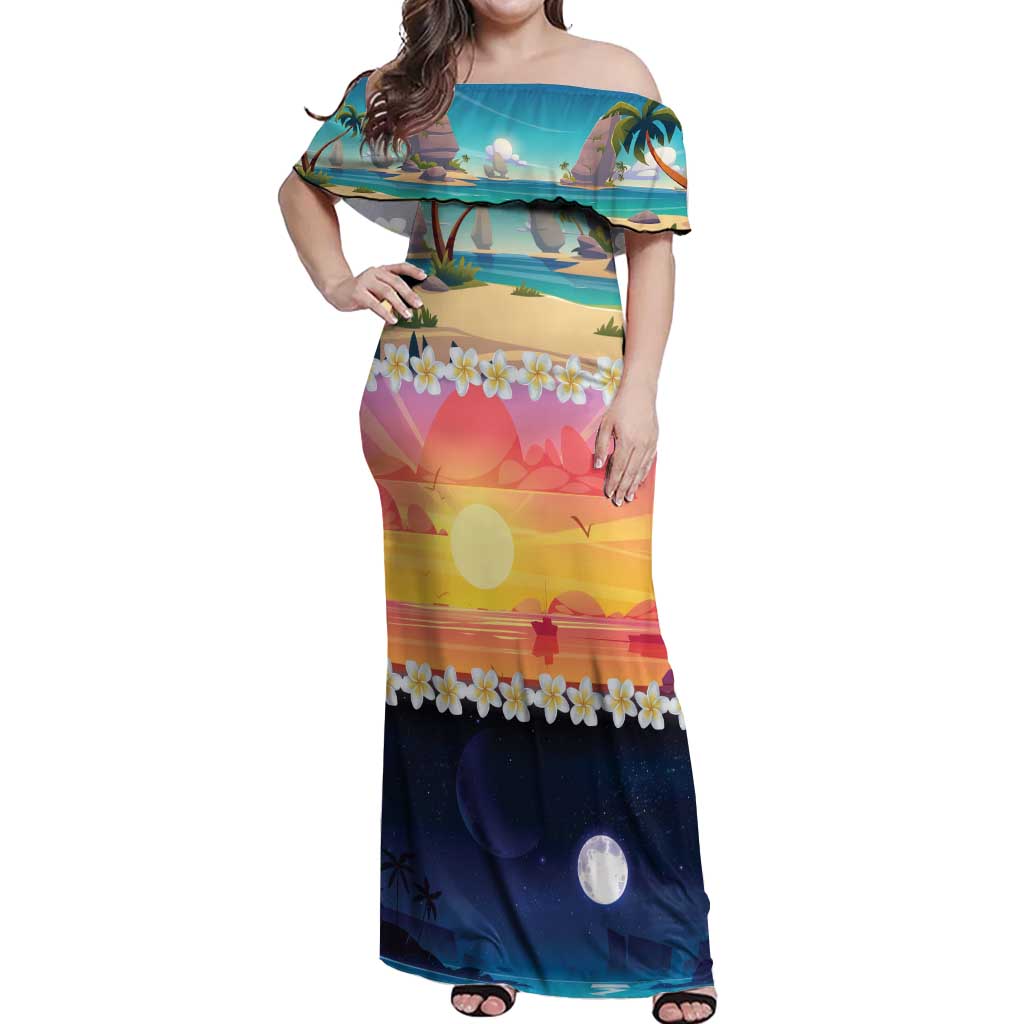 Hawaii Beach Landscape Time-Lapse Off Shoulder Maxi Dress Tropical Plumeria Flowers - Wonder Print Shop
