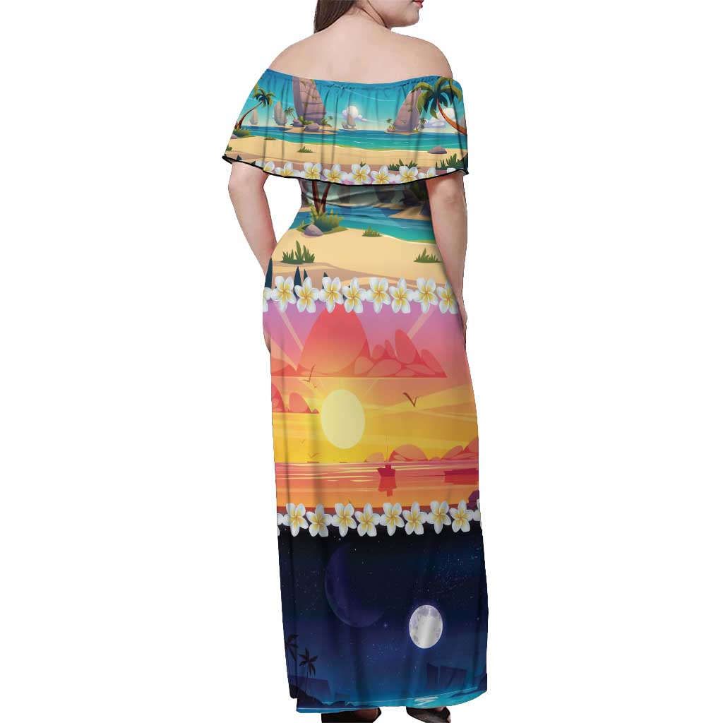 Hawaii Beach Landscape Time-Lapse Off Shoulder Maxi Dress Tropical Plumeria Flowers - Wonder Print Shop