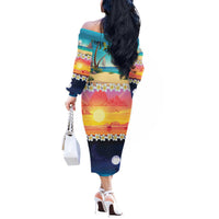 Hawaii Beach Landscape Time-Lapse Off The Shoulder Long Sleeve Dress Tropical Plumeria Flowers - Wonder Print Shop