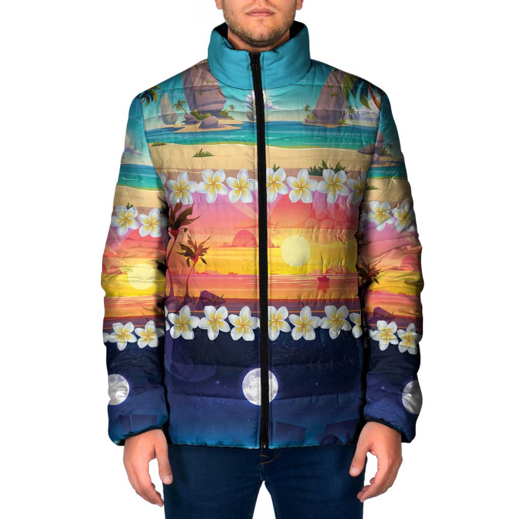 Hawaii Beach Landscape Time-Lapse Padded Jacket Tropical Plumeria Flowers - Wonder Print Shop