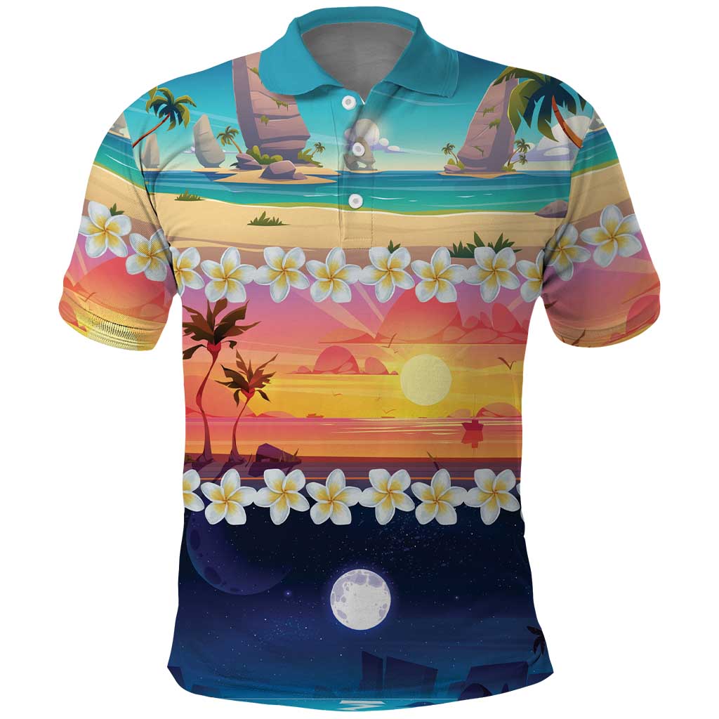 Hawaii Beach Landscape Time-Lapse Polo Shirt Tropical Plumeria Flowers - Wonder Print Shop