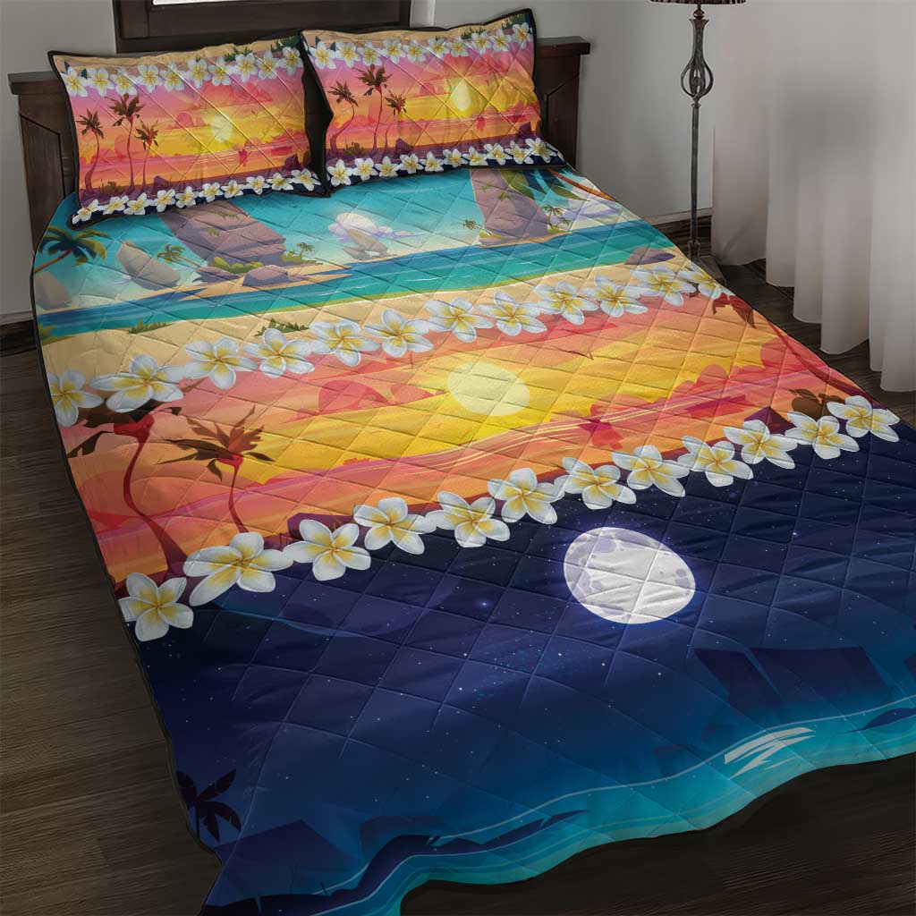 Hawaii Beach Landscape Time-Lapse Quilt Bed Set Tropical Plumeria Flowers - Wonder Print Shop