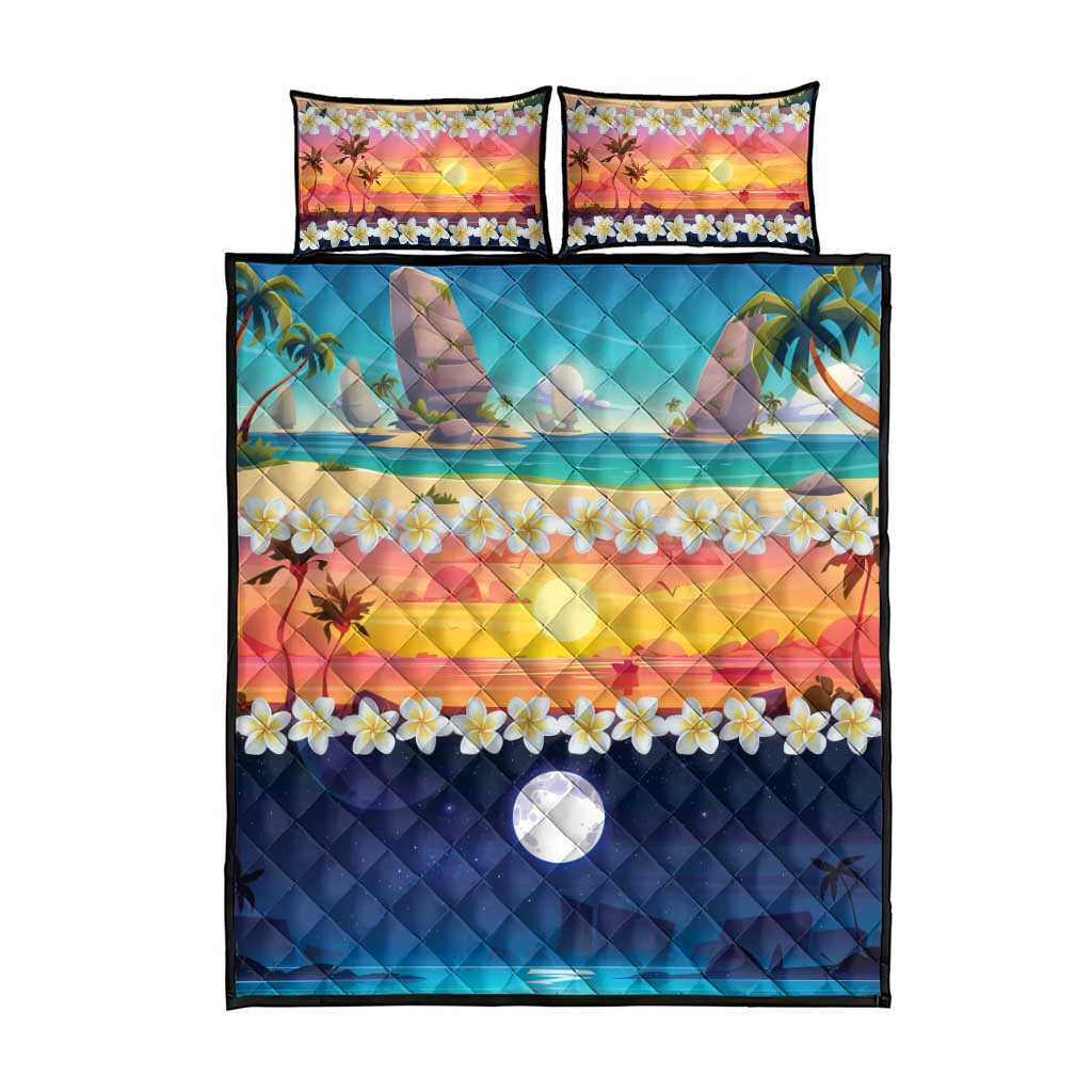 Hawaii Beach Landscape Time-Lapse Quilt Bed Set Tropical Plumeria Flowers - Wonder Print Shop