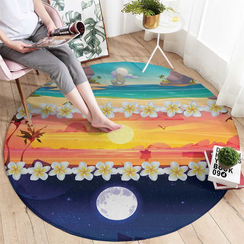 Hawaii Beach Landscape Time-Lapse Round Carpet Tropical Plumeria Flowers - Wonder Print Shop