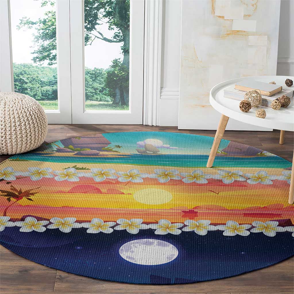 Hawaii Beach Landscape Time-Lapse Round Carpet Tropical Plumeria Flowers - Wonder Print Shop