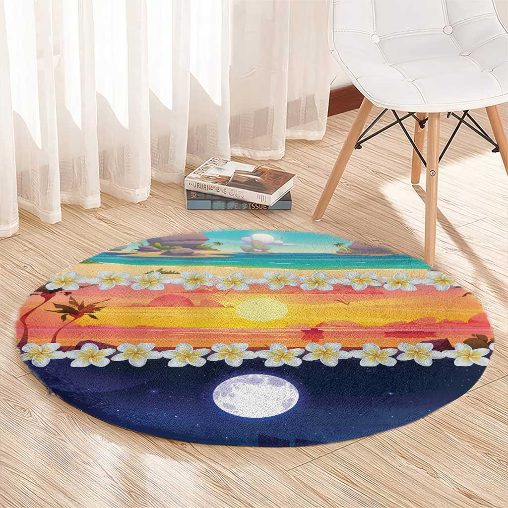 Hawaii Beach Landscape Time-Lapse Round Carpet Tropical Plumeria Flowers - Wonder Print Shop