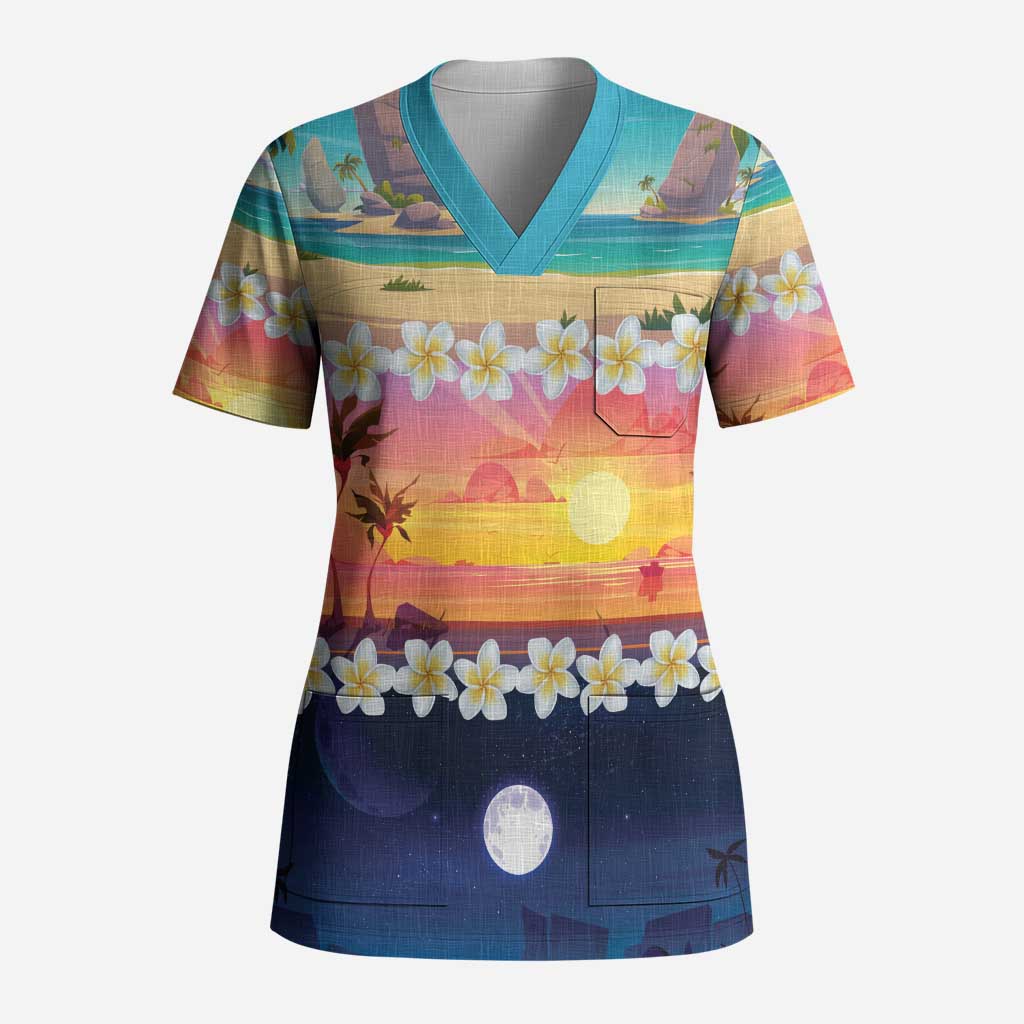 Hawaii Beach Landscape Time-Lapse Scrub Top Tropical Plumeria Flowers - Wonder Print Shop