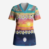 Hawaii Beach Landscape Time-Lapse Scrub Top Tropical Plumeria Flowers - Wonder Print Shop