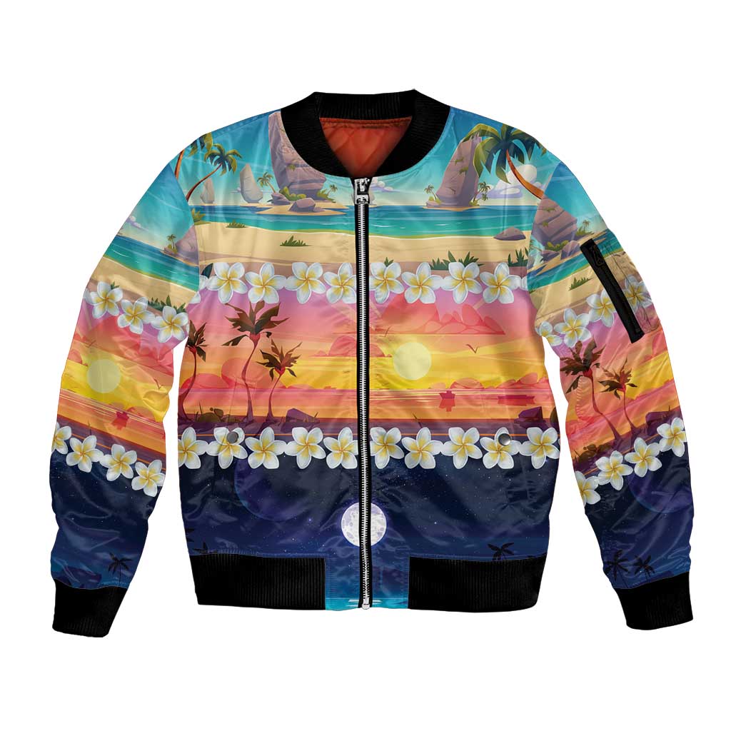 Hawaii Beach Landscape Time-Lapse Sleeve Zip Bomber Jacket Tropical Plumeria Flowers - Wonder Print Shop