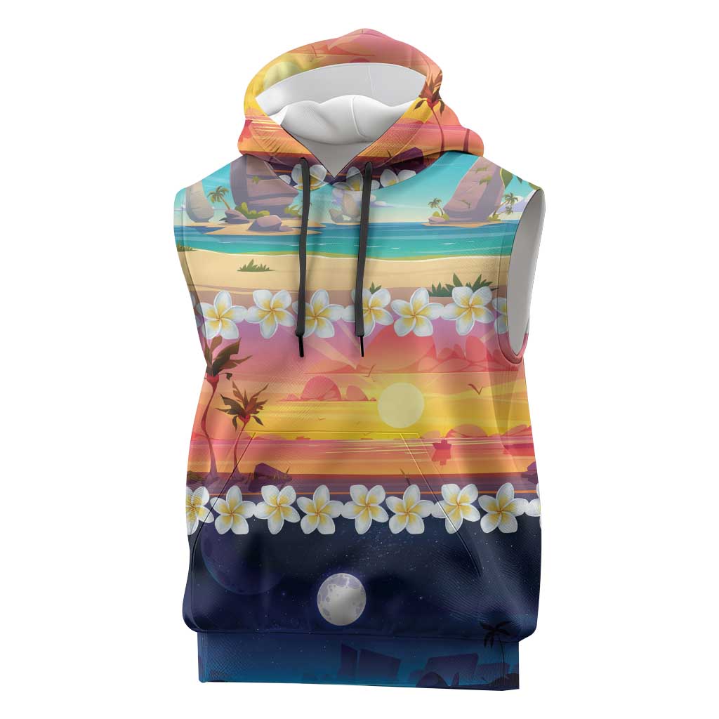 Hawaii Beach Landscape Time-Lapse Sleeveless Hoodie Tropical Plumeria Flowers - Wonder Print Shop