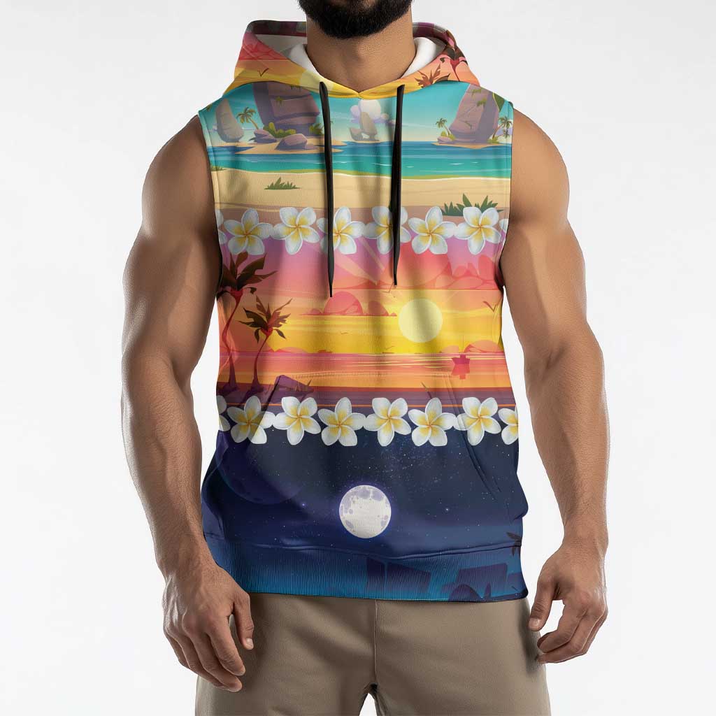 Hawaii Beach Landscape Time-Lapse Sleeveless Hoodie Tropical Plumeria Flowers - Wonder Print Shop