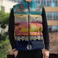 Hawaii Beach Landscape Time-Lapse Sleeveless Puffer Jacket Tropical Plumeria Flowers - Wonder Print Shop
