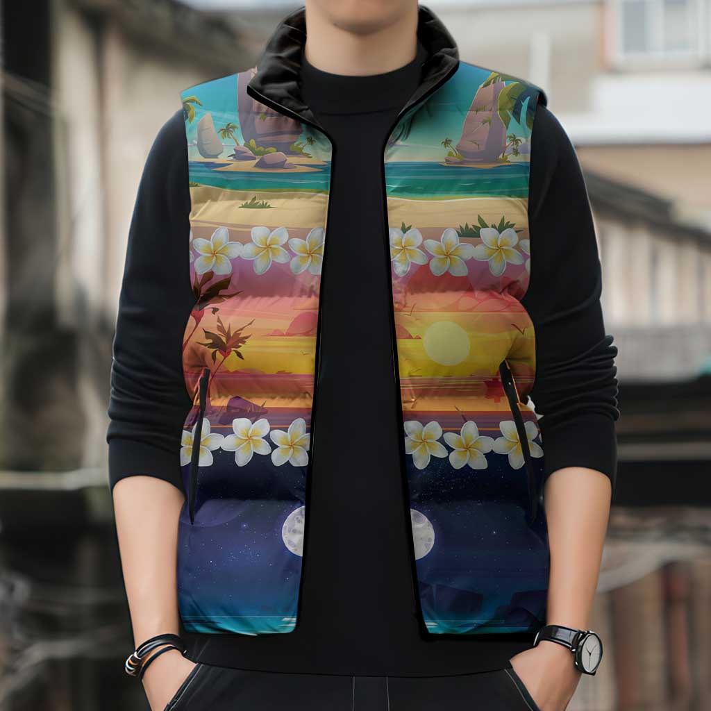 Hawaii Beach Landscape Time-Lapse Sleeveless Puffer Jacket Tropical Plumeria Flowers - Wonder Print Shop