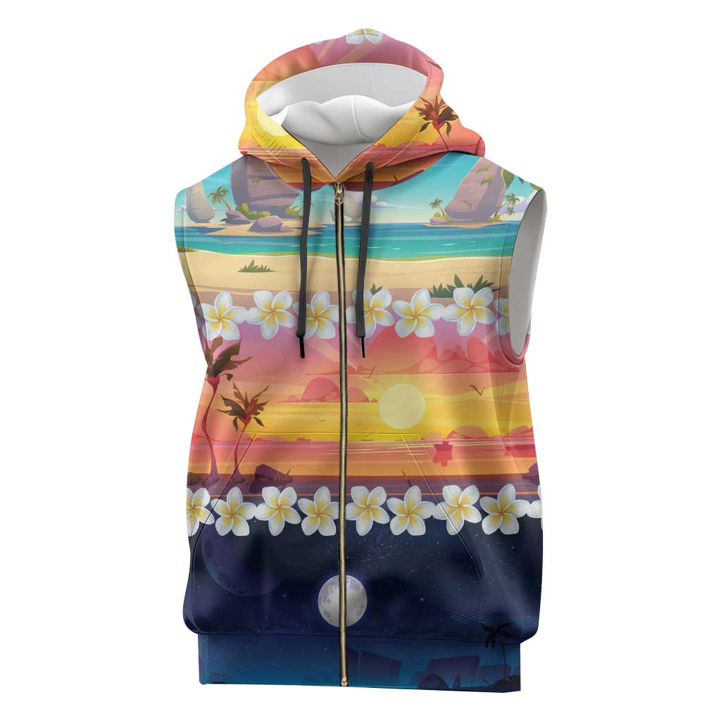 Hawaii Beach Landscape Time-Lapse Sleeveless Zip Hoodie Tropical Plumeria Flowers - Wonder Print Shop